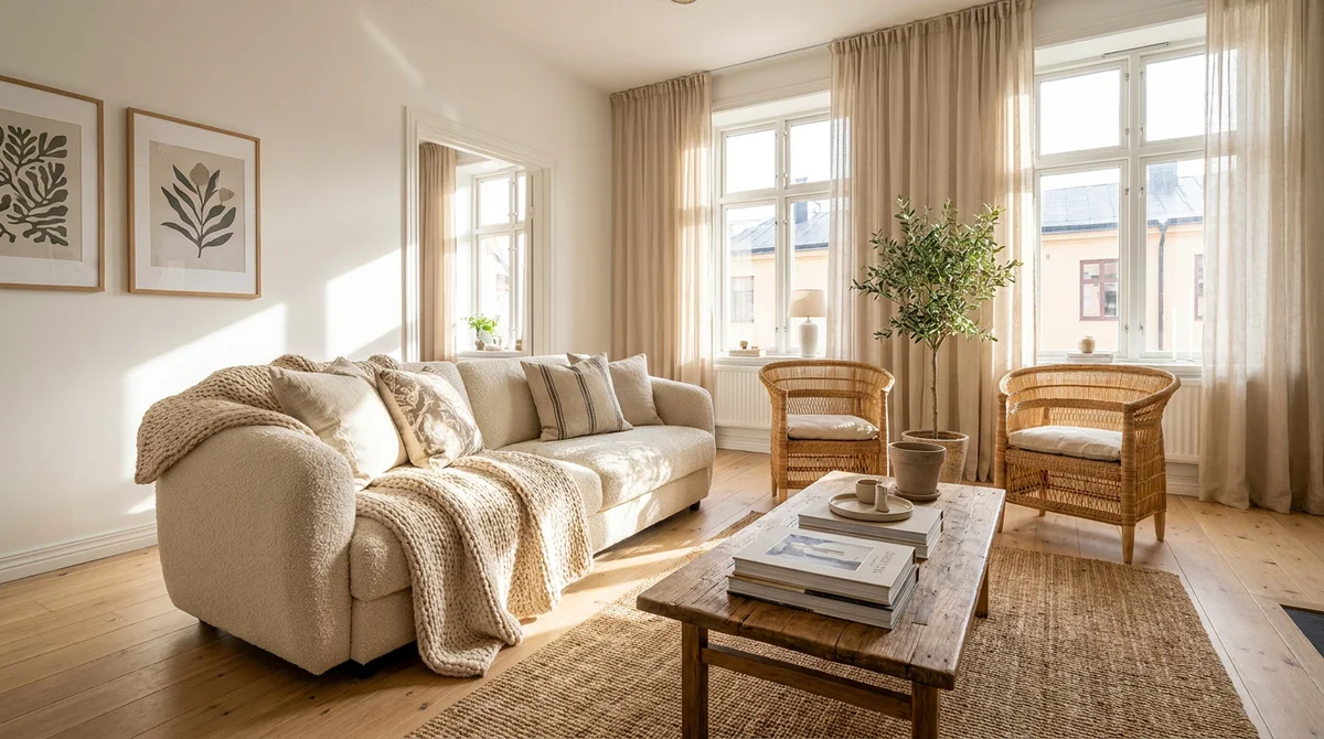 Warm, styled Scandinavian short-term rental living room with a boucle sofa, woven accents, and natural light