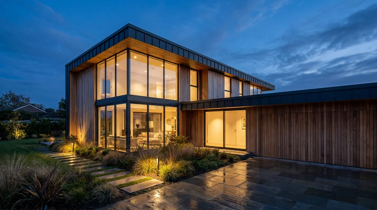 Dusk exterior render of a timber-clad house, typical real-time engine output