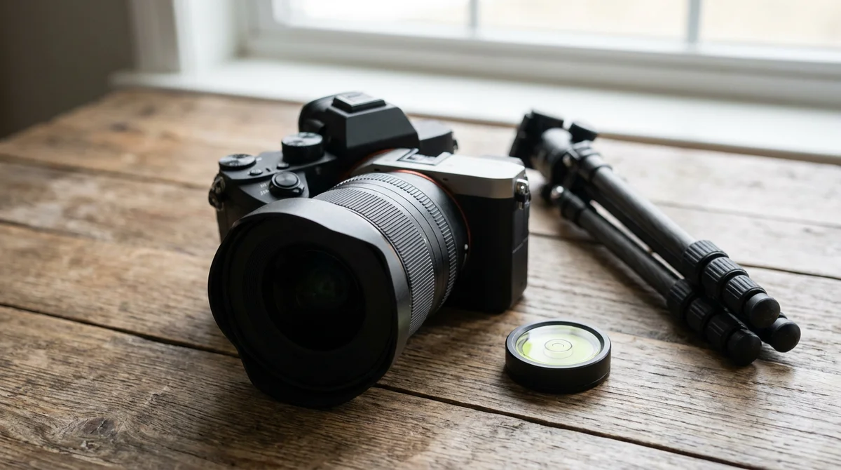 Mirrorless camera with a wide-angle lens, tripod, and bubble level laid out on a wooden table