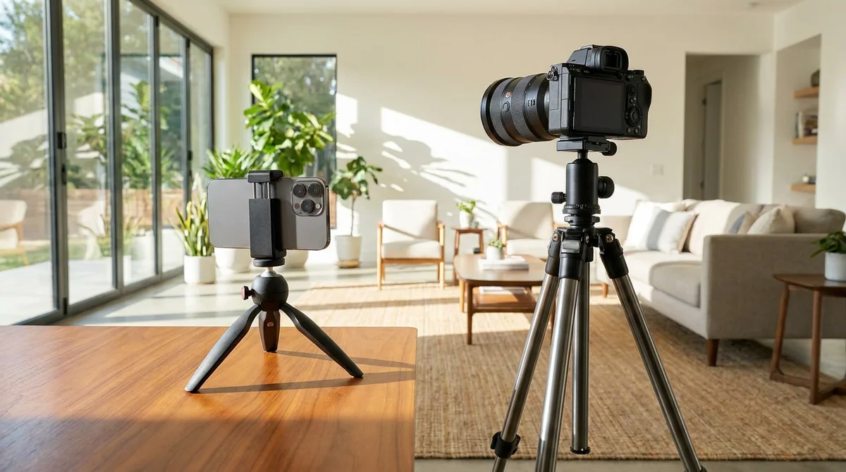 A smartphone on a small tripod beside a mirrorless camera on a full-size tripod in a bright living room