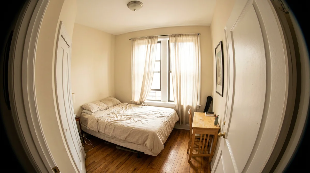 Interior real estate photo showing exaggerated wide-angle distortion with bowed walls near the frame edges