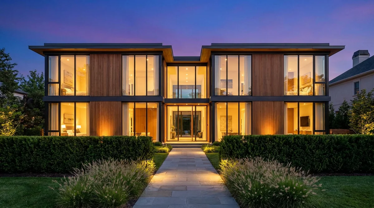 Luxury home exterior at twilight with perfectly straight vertical architectural lines, shot with a perspective-control lens