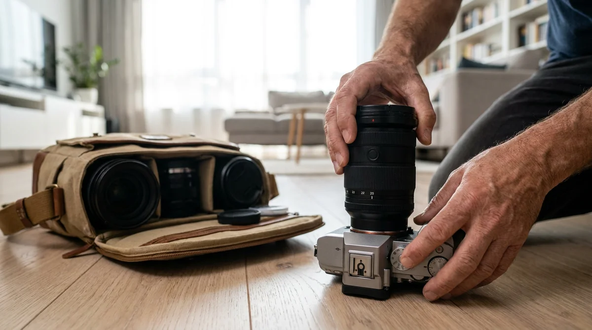 Photographer attaching a wide-angle zoom lens to a full-frame mirrorless camera in a bright, staged living room