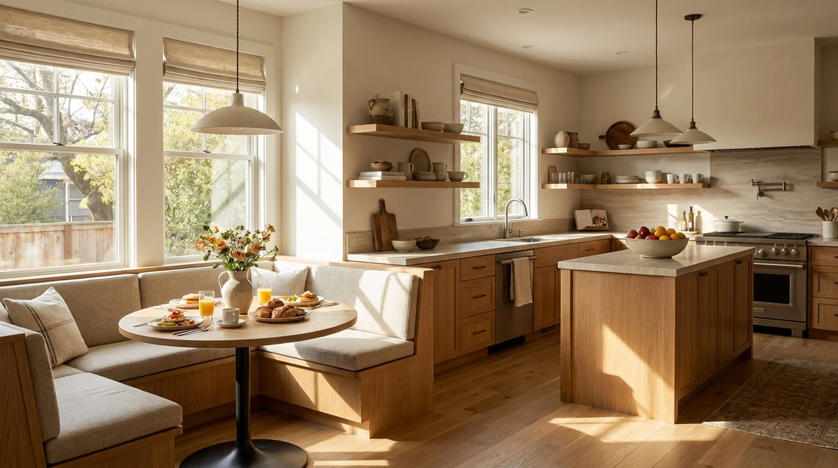An inviting short-term rental kitchen and dining nook styled for listing photos