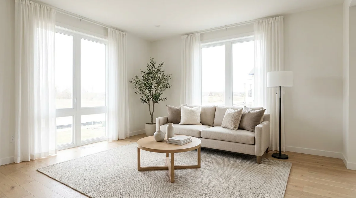Ein für Käufer eingerichtetes Musterhaus-Wohnzimmer mit Leinensofa, hellem Eichenboden und transparenten Vorhängen