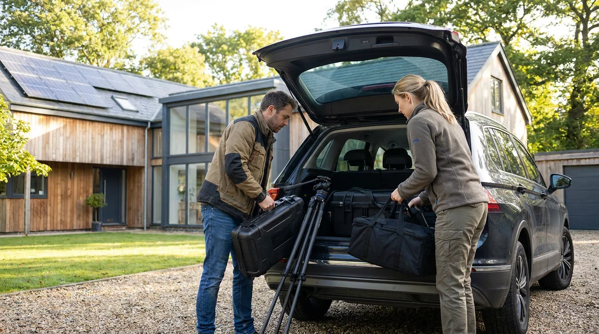 Two real estate photographers from a small media company loading camera bags and a tripod into an SUV outside a suburban listing
