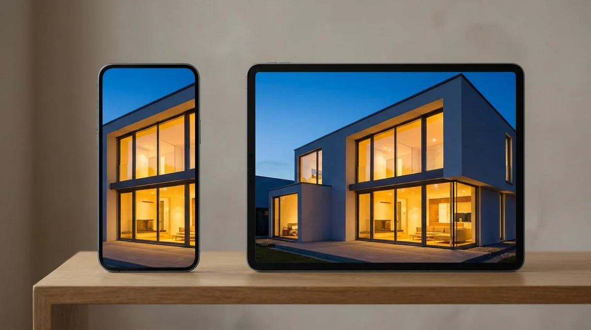 The same property shown in a vertical phone-shaped frame and a wide horizontal frame, illustrating how aspect ratio changes what a viewer sees