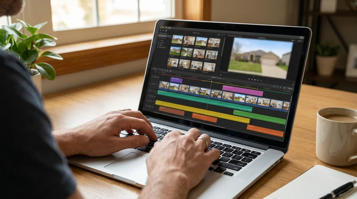 A laptop screen showing a video editing timeline built from property listing photos