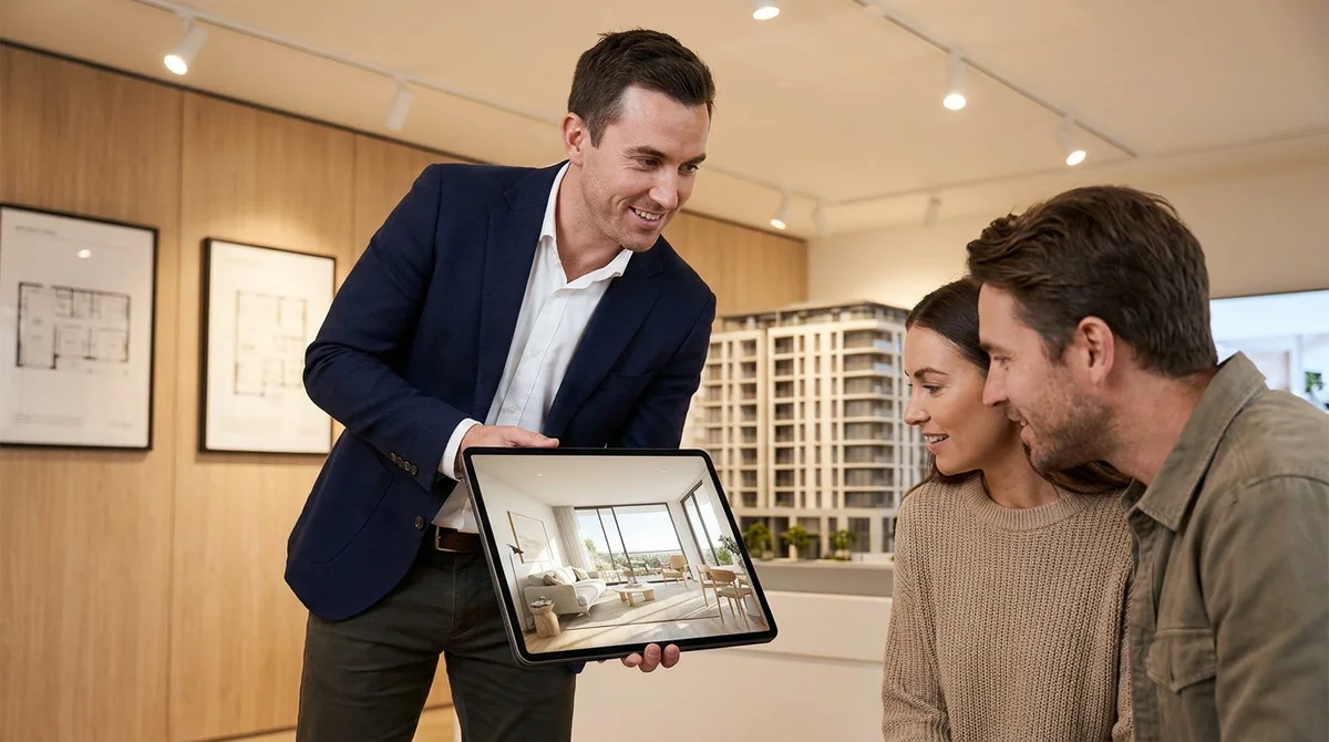 A property developer showing a photorealistic render of an unbuilt apartment interior on a tablet to an interested couple at a sales suite