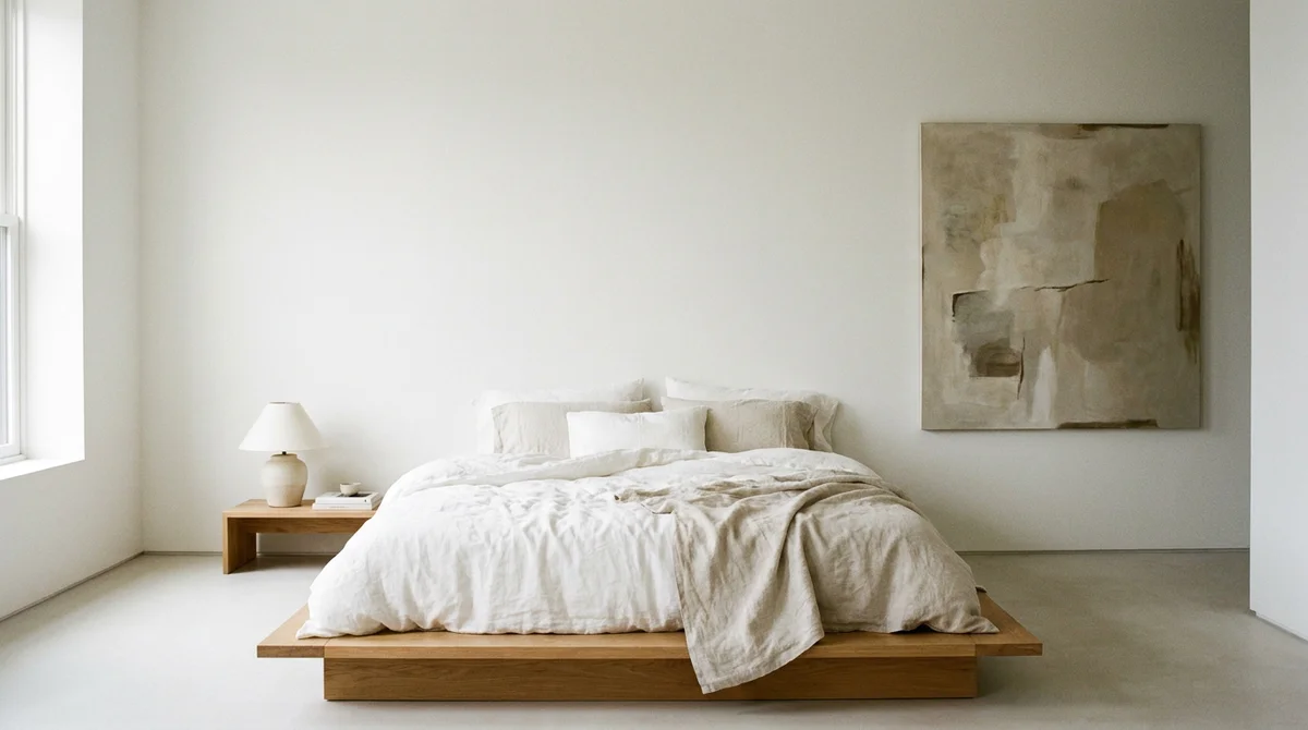 Minimalist bedroom with a low platform bed, neutral linen, a single nightstand and generous negative space