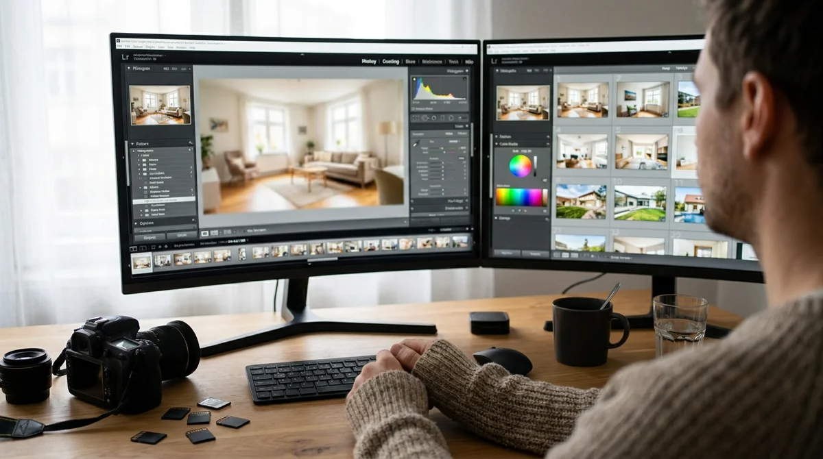 A photographer editing real estate photos on dual monitors, camera and memory cards on the desk
