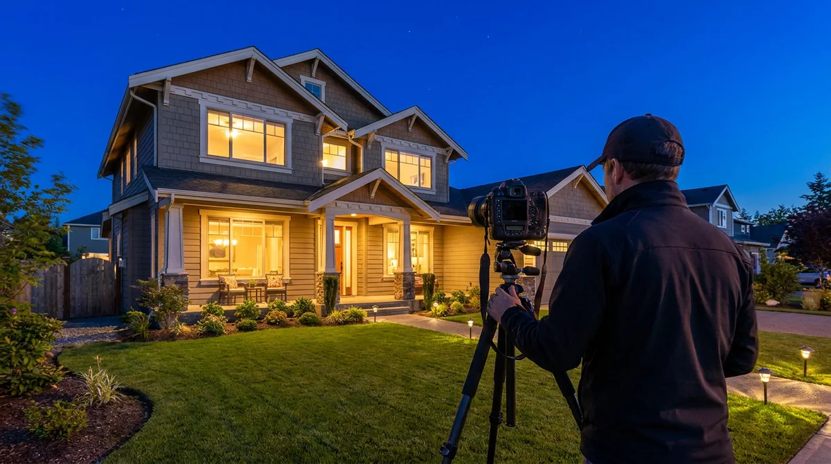 A photographer shooting a house exterior at twilight with warm interior lights glowing through the windows