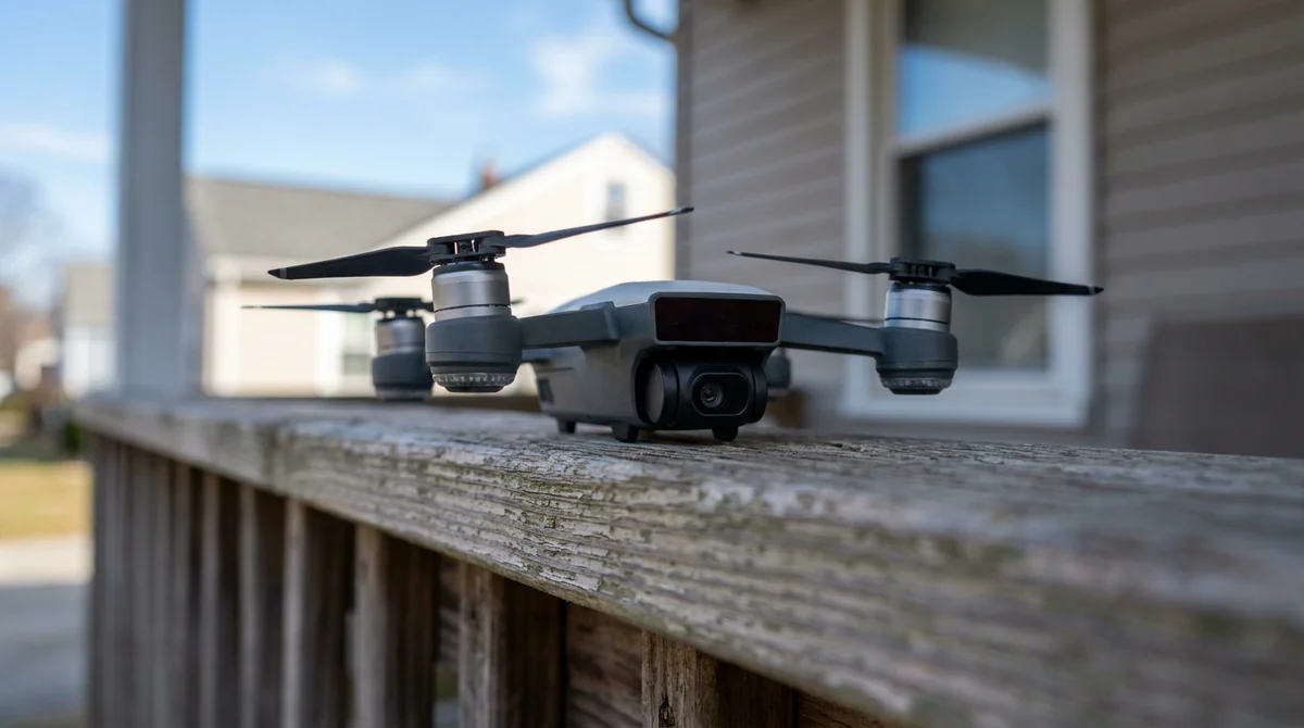 A compact consumer drone resting on a porch railing with a suburban house exterior in the background