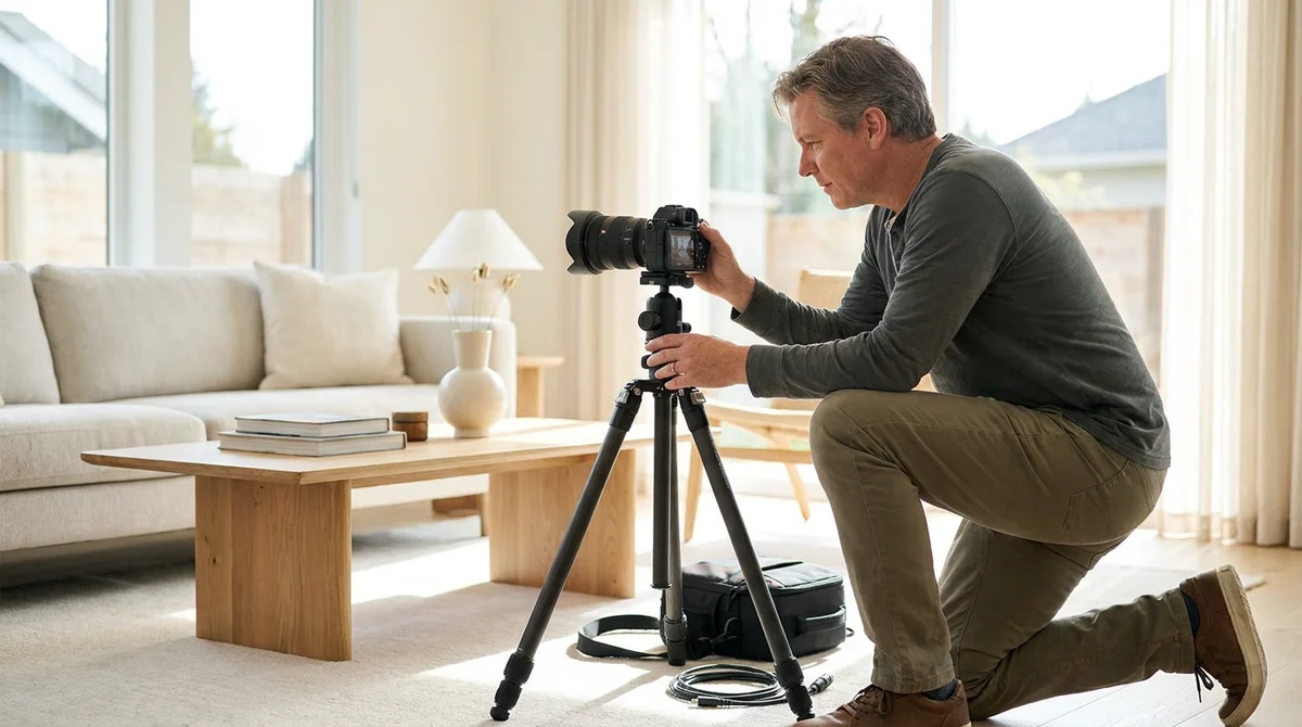 A real estate photographer setting up a camera on a tripod in a bright, staged living room