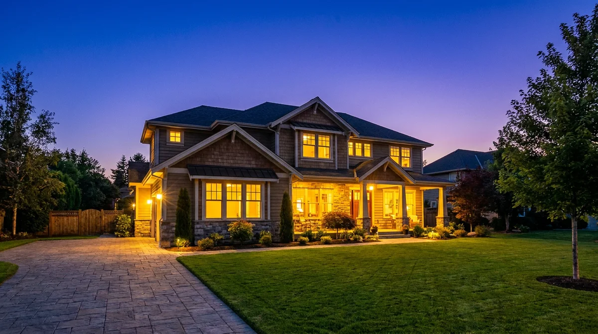 Twilight exterior real estate photo of a house with warm lights glowing at dusk
