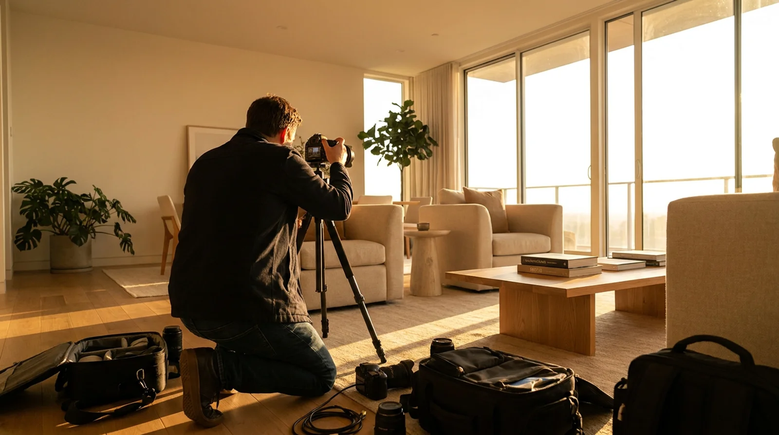 Un photographe immobilier installe son trépied dans un salon lumineux et meublé pendant une séance photo pour une annonce
