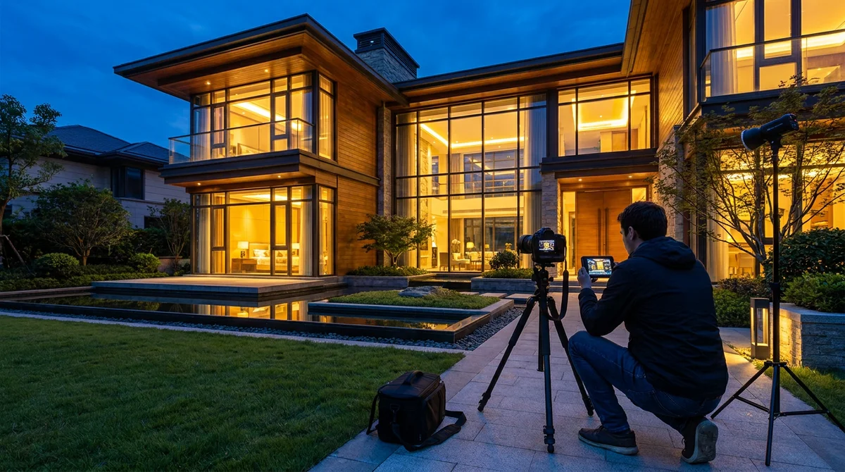 Un photographe capture la façade d'une maison de luxe au crépuscule, appareil photo et trépied installés sur la pelouse
