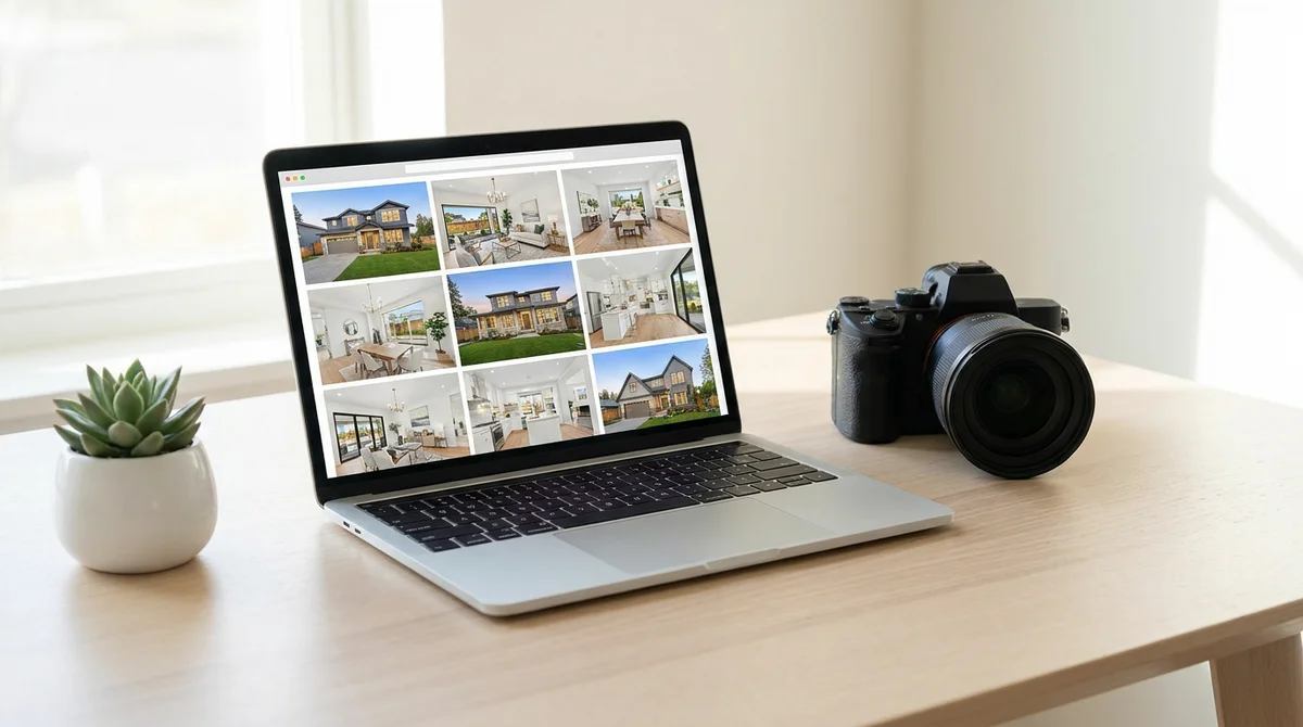 Ein Laptop auf einem aufgeräumten Schreibtisch zeigt das Galerie-Raster einer Immobilienfoto-Lieferseite, daneben eine spiegellose Kamera