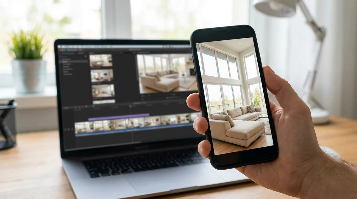 A hand holding a phone playing a vertical reel of a bright living room in front of a laptop showing a video editing timeline