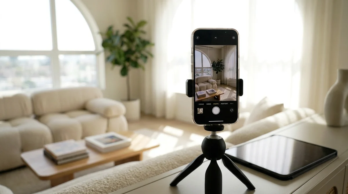 A phone on a tripod recording a vertical video tour of a bright, staged living room for Reels and TikTok