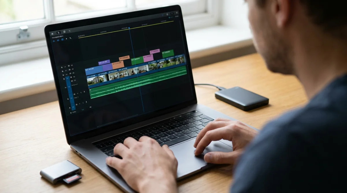 A video editor cutting real estate listing clips into a timeline on a laptop, with an SD card and portable drive on the desk
