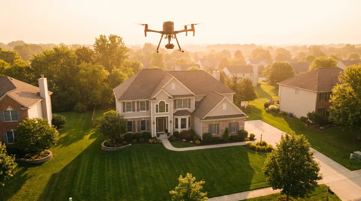 A drone flying above a suburban house with a manicured lawn at golden hour