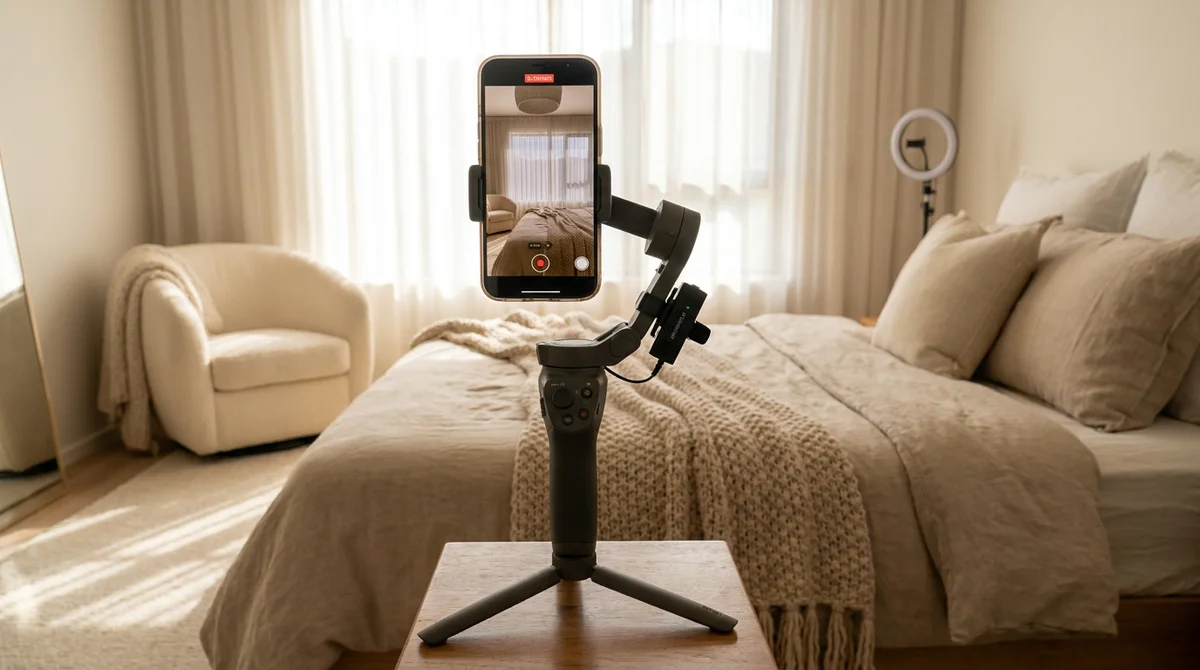 A smartphone mounted on a small gimbal stabilizer filming a furnished bedroom for a real estate social video