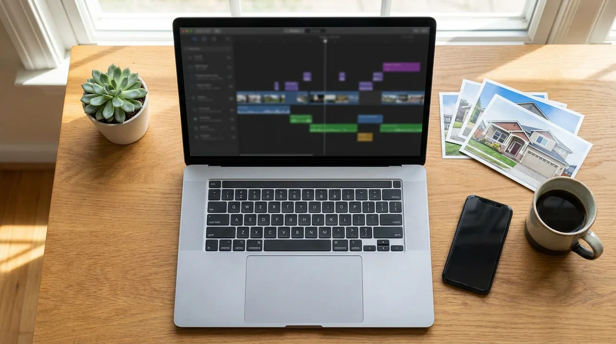 Overhead view of a laptop showing a video editing timeline next to listing photo prints, a phone, and a cup of coffee on a desk