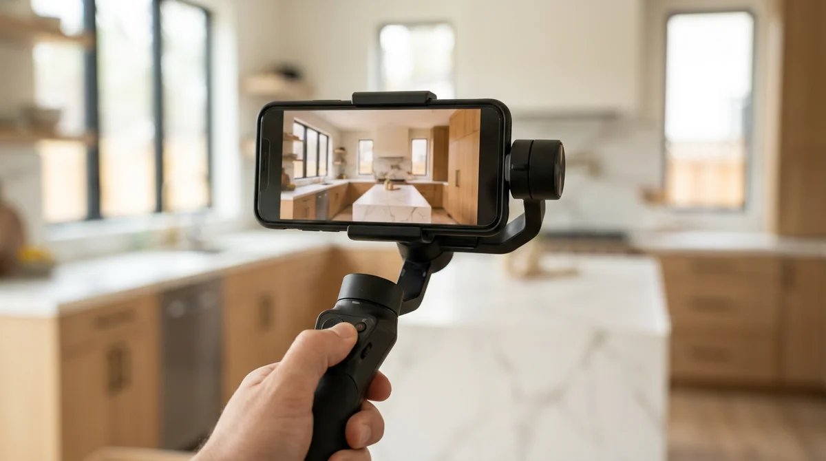 Close-up of a smartphone on a gimbal stabilizer filming a bright modern kitchen during a property video shoot