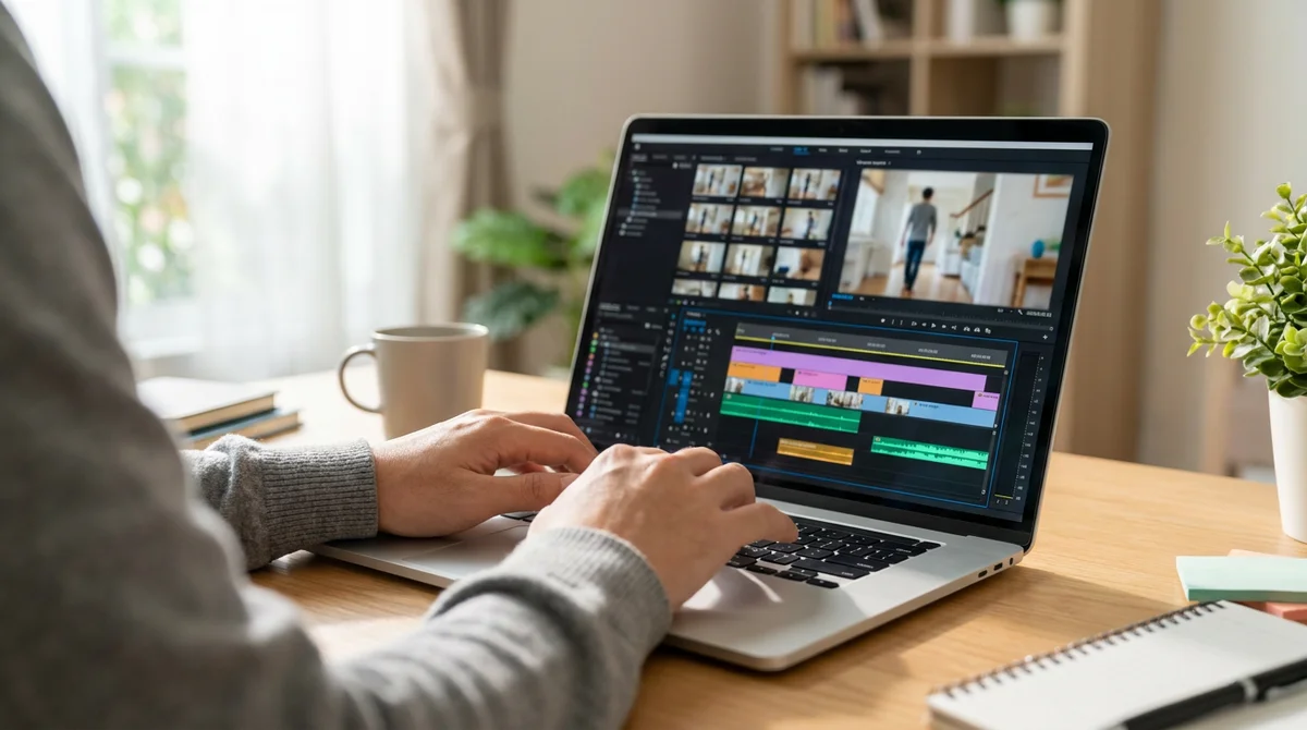 A video editor cutting a property walkthrough tour on a laptop timeline at a home desk