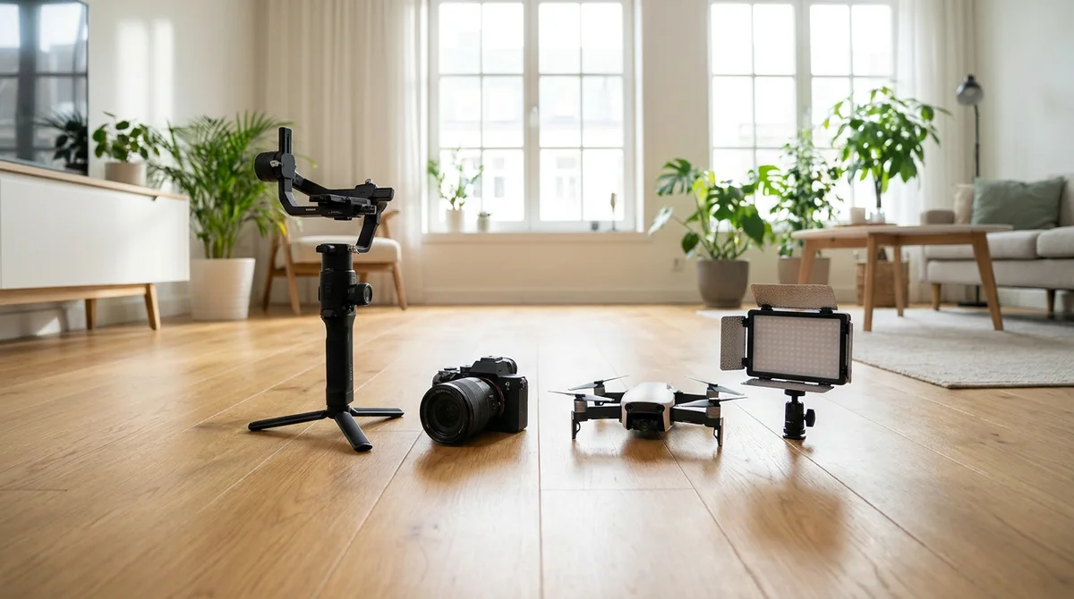 A videographer's gimbal, camera, drone, and light panel laid out on the floor of a bright living room