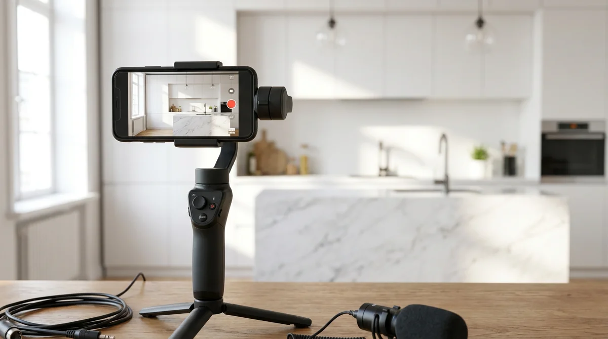 A smartphone on a gimbal stabilizer set up to film a bright modern kitchen for a real estate walkthrough video