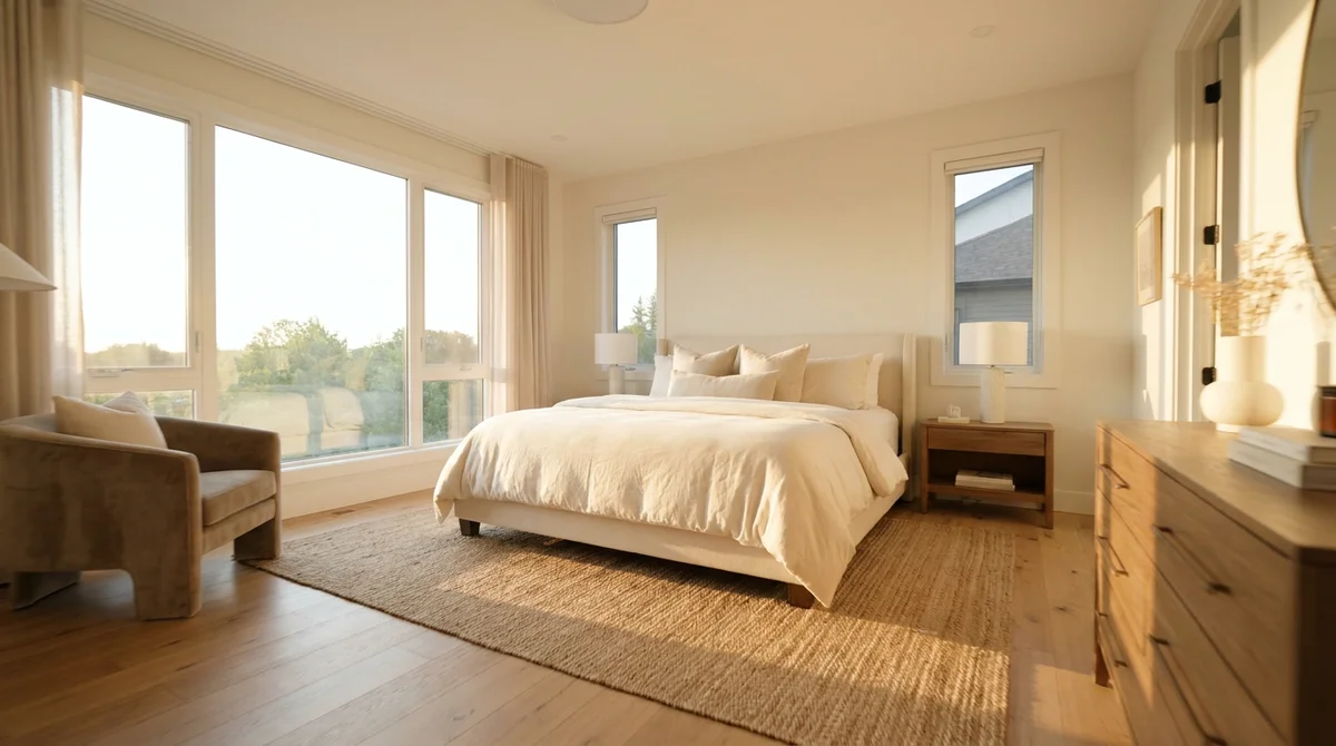 A bright, staged primary bedroom shown as a still frame from a real estate walk-through video, styled for a smooth camera pan