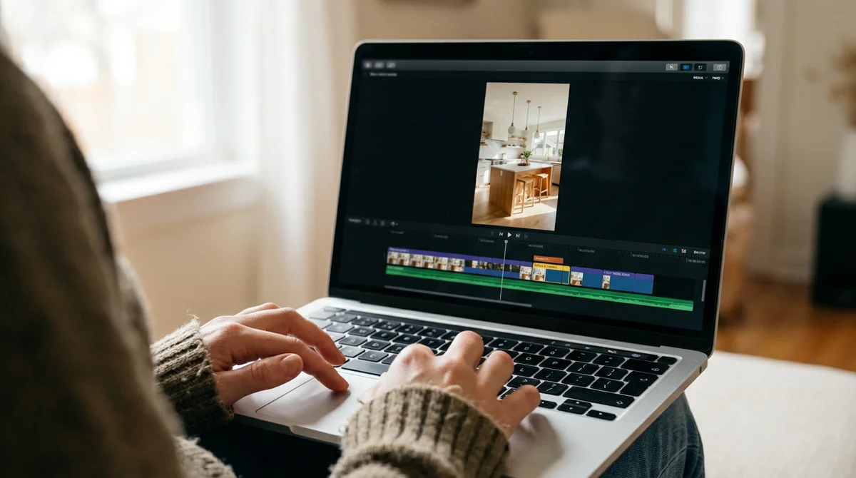 A real estate agent editing a property tour video on a laptop with a listing photo and timeline visible