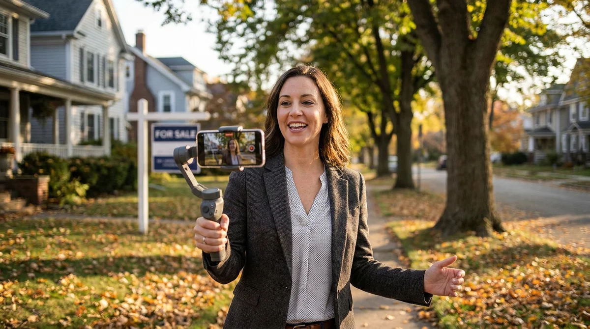 A real estate agent filming a neighborhood walking tour on a smartphone gimbal at golden hour