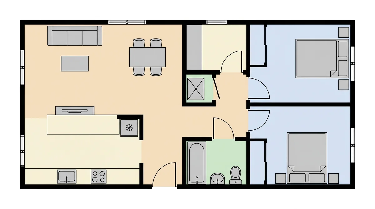 Plano 2D a color de un piso de dos dormitorios con rellenos pastel por estancia y símbolos de mobiliario
