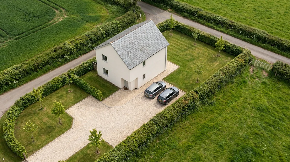 Photorealistic aerial render of the finished house on its rural plot with boundary hedging, gravel parking and garden