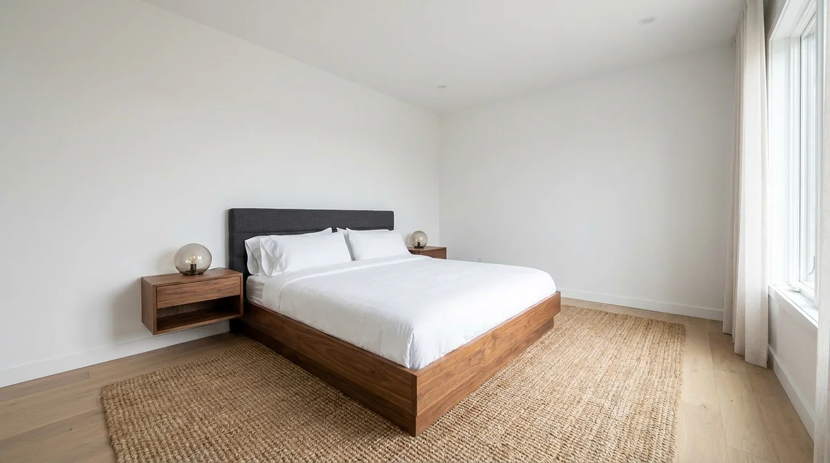 Bedroom virtually staged in Modern style with a low platform bed, charcoal headboard and walnut nightstands