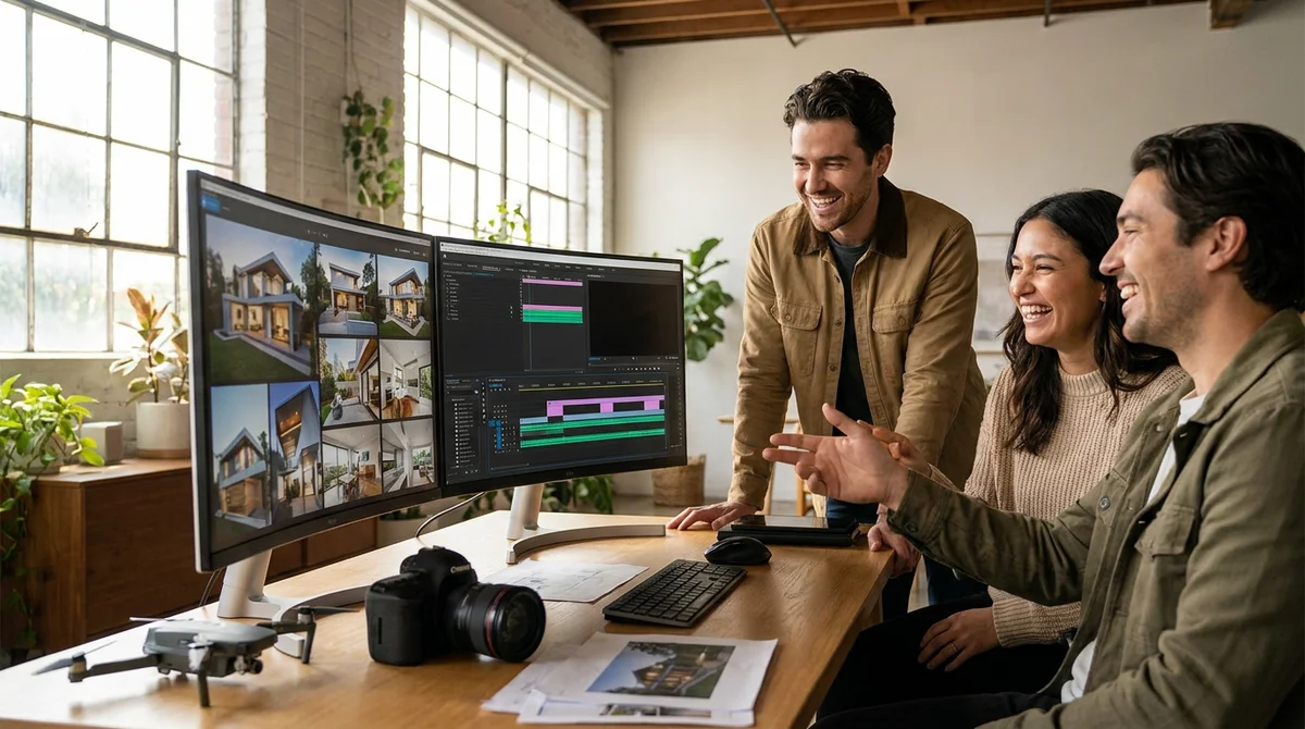 Three-person real estate media team reviewing listing photos and a video timeline on two monitors in a bright studio